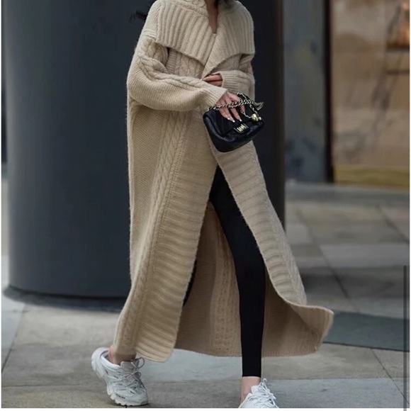 148. Maxi oversized Tan beige Cardigan Sweater Chunky Long Cable Rib Duster - Picture 9 of 12